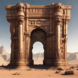 A colossal structure on a desert planet: a titanic portal elaborately carved into a rock face, dwarfing a smaller gateway situated in front of it, deeply detailed as if made from wood