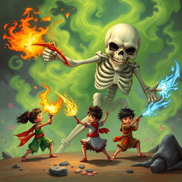 Three children, each wielding unique magical weapons, are attacking a giant, plump skeleton shrouded in swirling green smoke