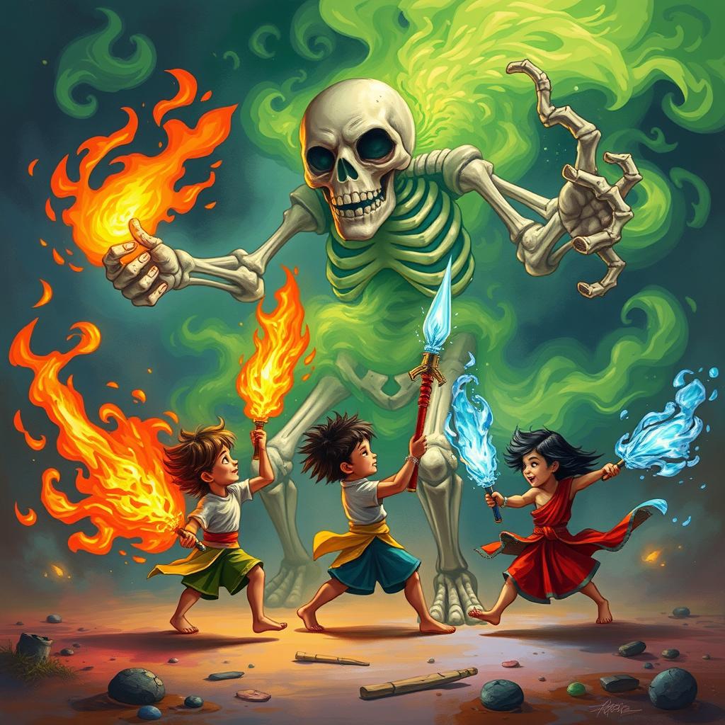 Three children, each wielding unique magical weapons, are attacking a giant, plump skeleton shrouded in swirling green smoke