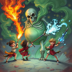 Three children, each wielding unique magical weapons, are attacking a giant, plump skeleton shrouded in swirling green smoke