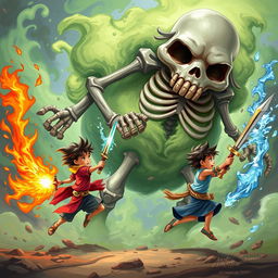 Three children, each wielding unique magical weapons, are attacking a giant, plump skeleton shrouded in swirling green smoke