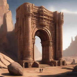 A colossal structure on a desert planet: a titanic portal elaborately carved into a rock face, dwarfing a smaller gateway situated in front of it, deeply detailed as if made from wood