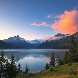 A serene mountain landscape at sunrise, featuring a clear blue sky gradually shifting to warm orange and pink hues