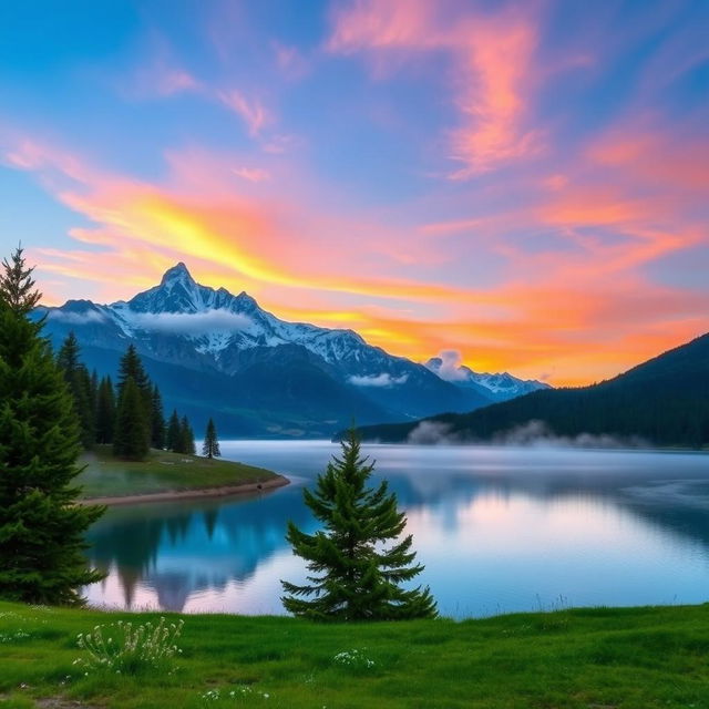 A serene mountain landscape at sunrise, featuring a clear blue sky gradually shifting to warm orange and pink hues