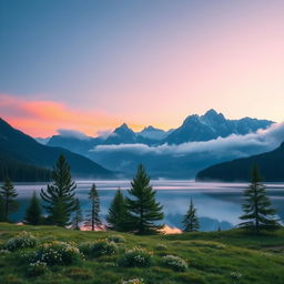 A serene mountain landscape at sunrise, featuring a clear blue sky gradually shifting to warm orange and pink hues