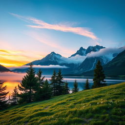 A serene mountain landscape at sunrise, featuring a clear blue sky gradually shifting to warm orange and pink hues