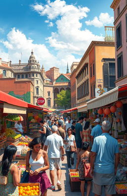 An artistic representation of a bustling marketplace in a vibrant city, filled with colorful stalls and diverse people browsing