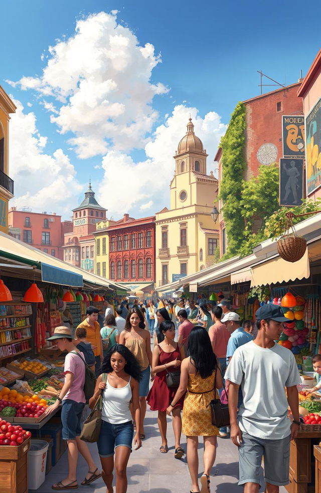 An artistic representation of a bustling marketplace in a vibrant city, filled with colorful stalls and diverse people browsing