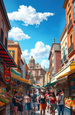 An artistic representation of a bustling marketplace in a vibrant city, filled with colorful stalls and diverse people browsing