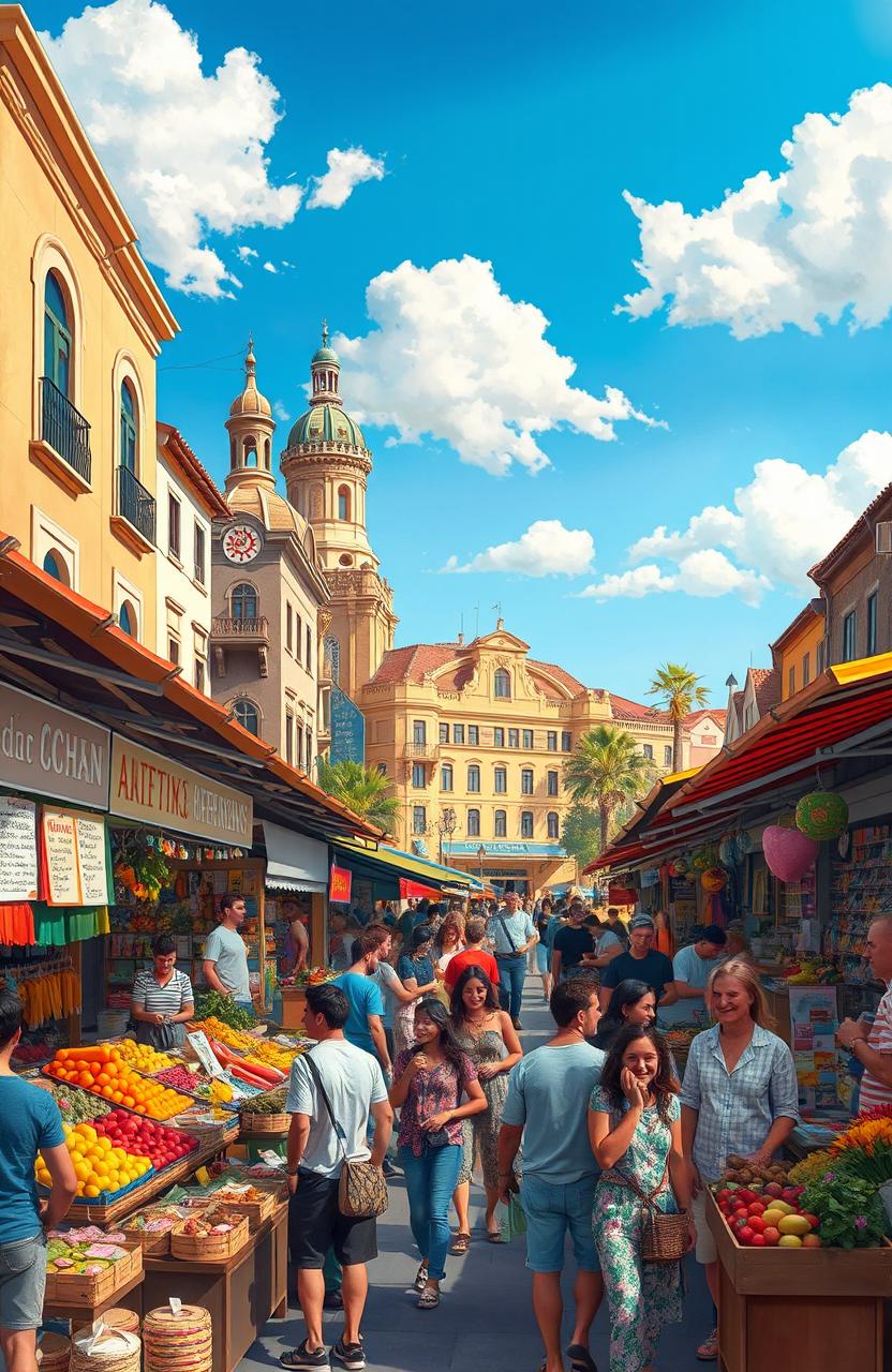 An artistic representation of a bustling marketplace in a vibrant city, filled with colorful stalls and diverse people browsing