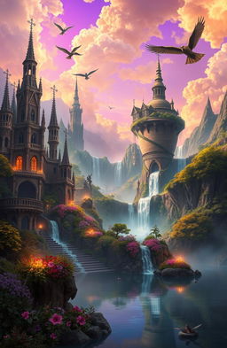 A fantastical landscape of the lost kingdom of Àetheria, showcasing ethereal architecture blending Gothic and Baroque styles, towering spires and intricate stonework, surrounded by lush, vibrant forests and winding rivers