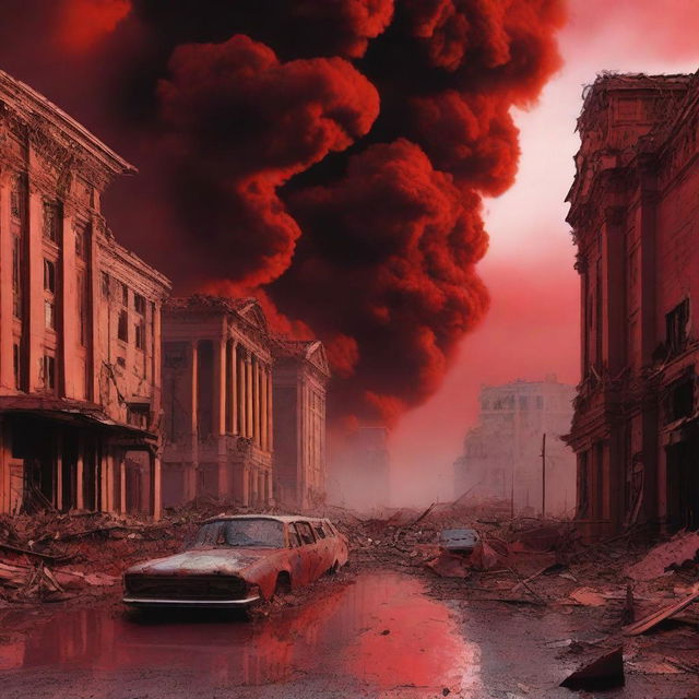 A vivid apocalyptic scene where the sky turns crimson red, the Earth splits open, buildings crumble, and humanity cries out in the face of the ensuing disaster