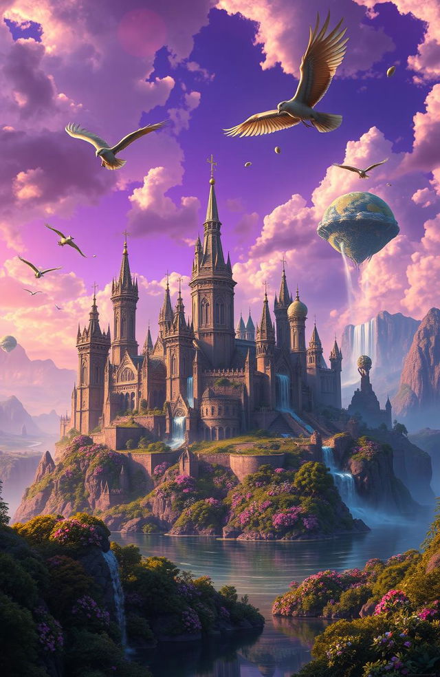 A fantastical landscape of the lost kingdom of Àetheria, showcasing ethereal architecture blending Gothic and Baroque styles, towering spires and intricate stonework, surrounded by lush, vibrant forests and winding rivers