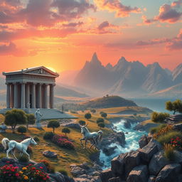 A fantastical representation of the lost kingdom of Àetheria, inspired by Greek mythology, featuring grand temples dedicated to gods like Zeus and Athena, with intricate columns and reliefs depicting mythical battles and tales