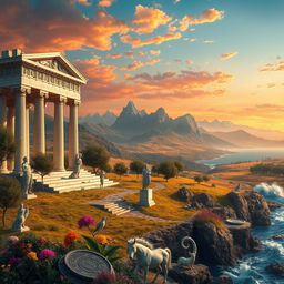 A fantastical representation of the lost kingdom of Àetheria, inspired by Greek mythology, featuring grand temples dedicated to gods like Zeus and Athena, with intricate columns and reliefs depicting mythical battles and tales