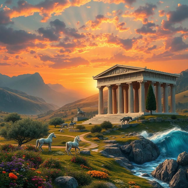 A fantastical representation of the lost kingdom of Àetheria, inspired by Greek mythology, featuring grand temples dedicated to gods like Zeus and Athena, with intricate columns and reliefs depicting mythical battles and tales