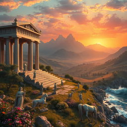 A fantastical representation of the lost kingdom of Àetheria, inspired by Greek mythology, featuring grand temples dedicated to gods like Zeus and Athena, with intricate columns and reliefs depicting mythical battles and tales