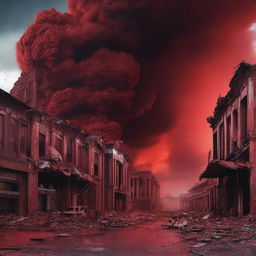 A vivid apocalyptic scene where the sky turns crimson red, the Earth splits open, buildings crumble, and humanity cries out in the face of the ensuing disaster