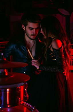 A dark romance scene featuring a passionate drummer and a captivating singer, both lost in their music
