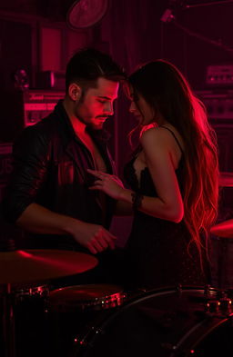 A dark romance scene featuring a passionate drummer and a captivating singer, both lost in their music