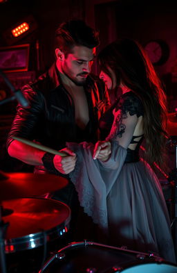 A dark romance scene featuring a passionate drummer and a captivating singer, both lost in their music
