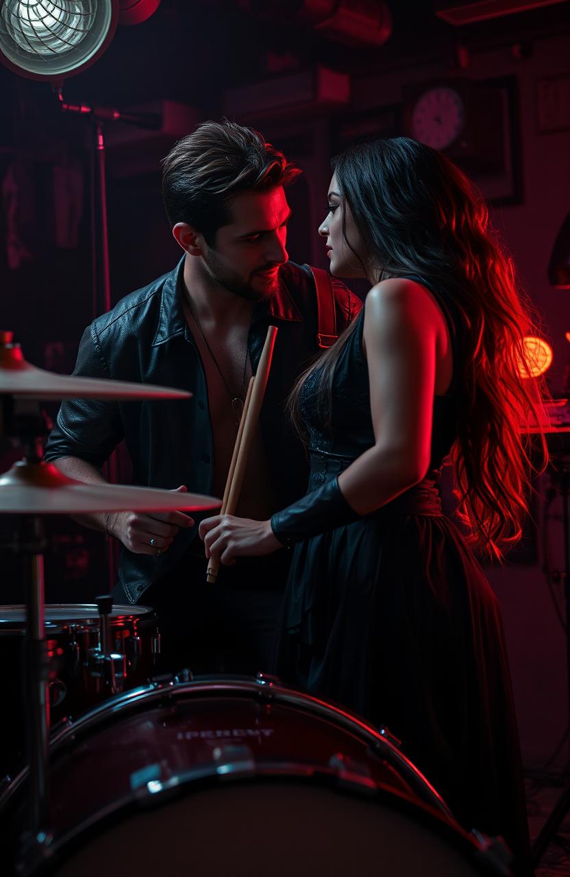 A dark romance scene featuring a passionate drummer and a captivating singer, both lost in their music