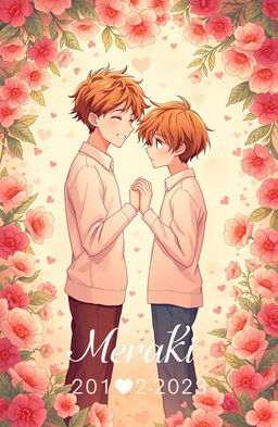 A romantic scene depicting two boys lovingly intertwined their hands together, surrounded by a vibrant floral background that symbolizes affection and beauty