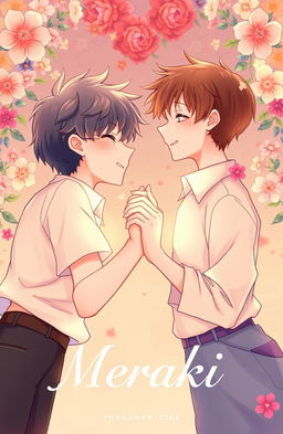 A romantic scene depicting two boys lovingly intertwined their hands together, surrounded by a vibrant floral background that symbolizes affection and beauty