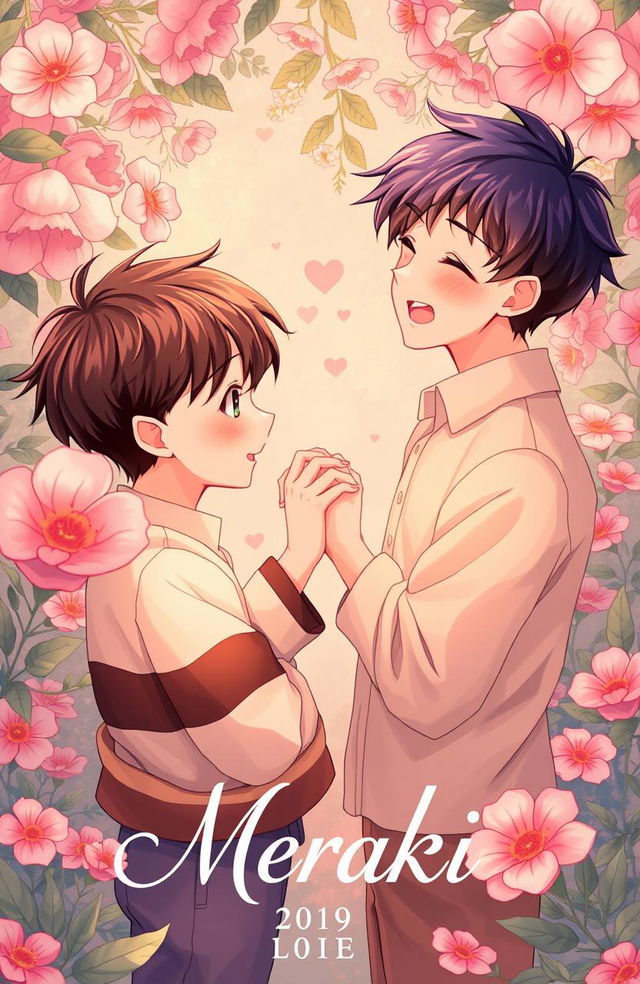 A romantic scene depicting two boys lovingly intertwined their hands together, surrounded by a vibrant floral background that symbolizes affection and beauty