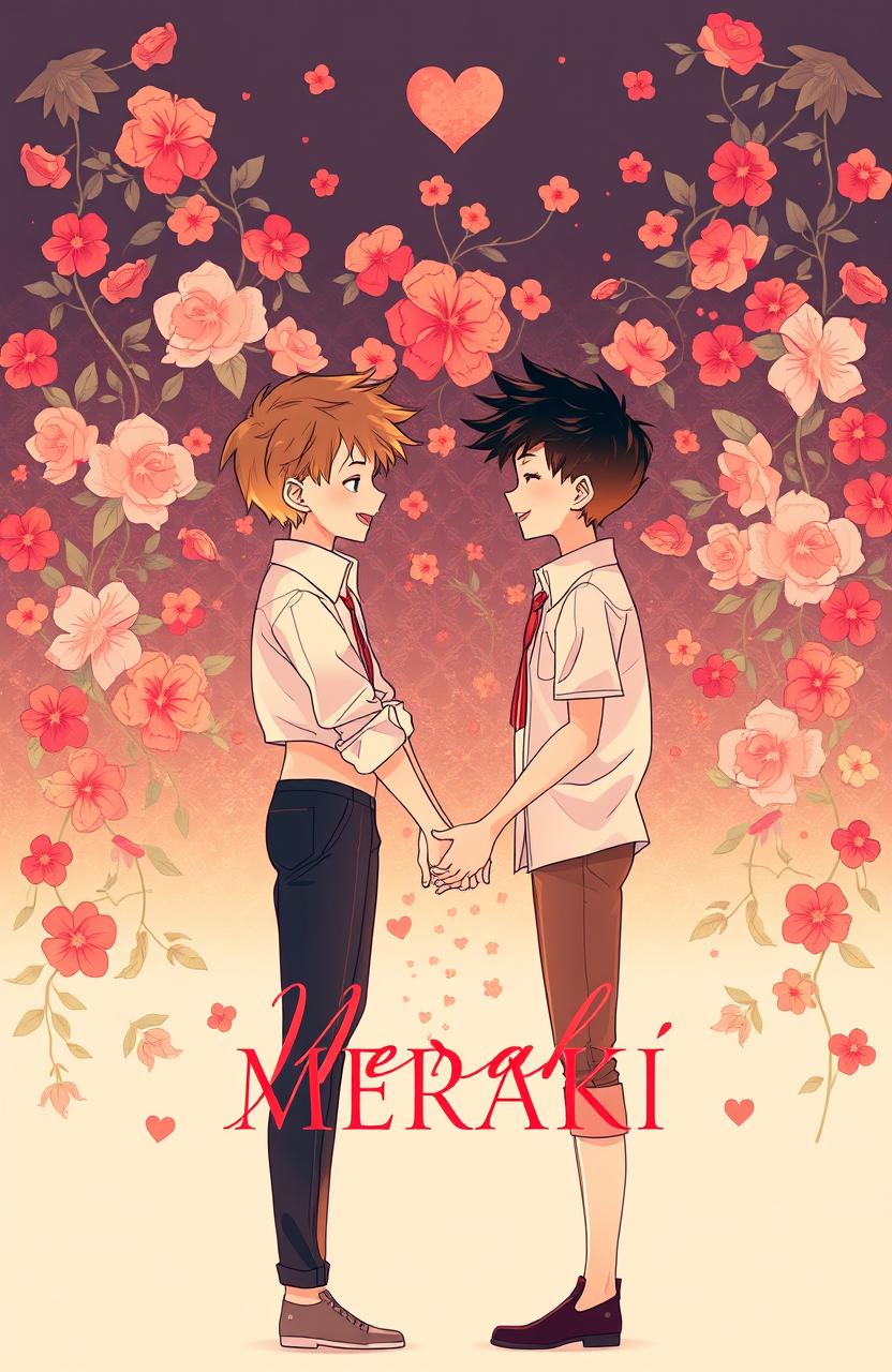 A romantic scene depicting two boys lovingly intertwined their hands together, surrounded by a vibrant floral background that symbolizes affection and beauty