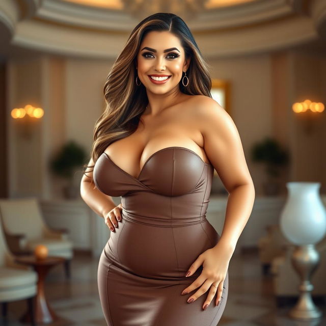 A voluptuous woman with big breasts, standing confidently in an elegant pose