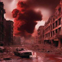 A vivid apocalyptic scene where the sky turns crimson red, the Earth splits open, buildings crumble, and humanity cries out in the face of the ensuing disaster