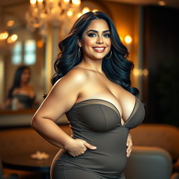 A voluptuous woman with big breasts, standing confidently in an elegant pose