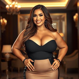 A voluptuous woman with big breasts, standing confidently in an elegant pose