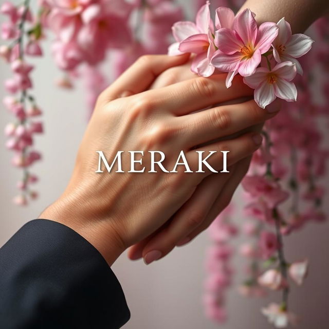 An artistic representation focusing on two hands intertwined, symbolizing love and connection, with beautiful flowers cascading in the background