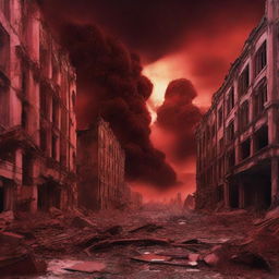 A vivid apocalyptic scene where the sky turns crimson red, the Earth splits open, buildings crumble, and humanity cries out in the face of the ensuing disaster