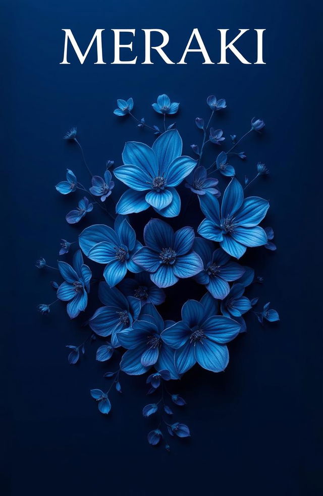 A stunning artwork titled 'MERAKI' featuring a dark blue theme with beautiful, intricate flowers in various shades of blue and hints of purple