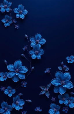 A stunning artwork titled 'MERAKI' featuring a dark blue theme with beautiful, intricate flowers in various shades of blue and hints of purple