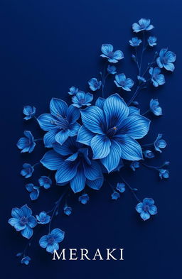 A stunning artwork titled 'MERAKI' featuring a dark blue theme with beautiful, intricate flowers in various shades of blue and hints of purple