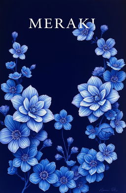 A stunning artwork titled 'MERAKI' featuring a dark blue theme with beautiful, intricate flowers in various shades of blue and hints of purple