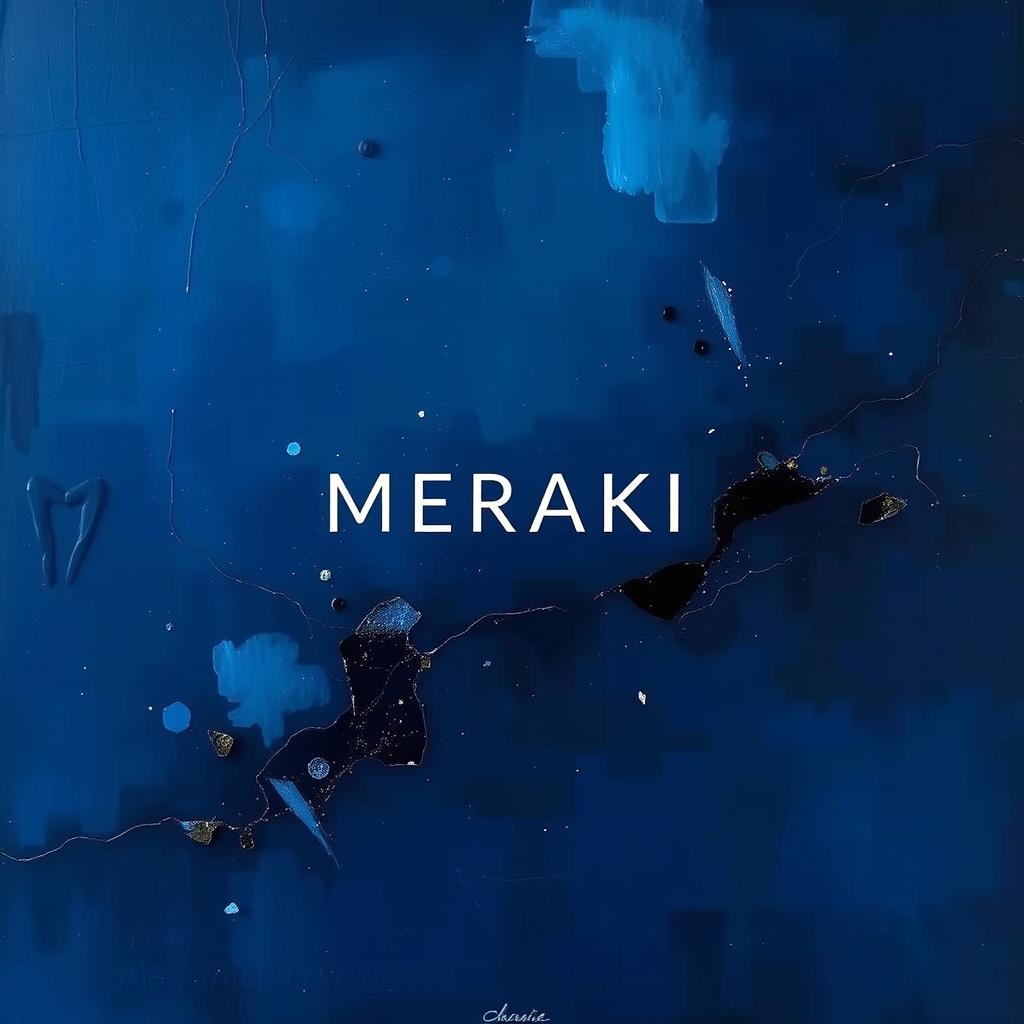 An artistic piece titled 'MERAKI' featuring a striking dark blue theme