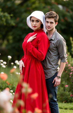 A beautiful young woman wearing a red Handmaid's Tale costume, featuring the iconic white bonnet and long flowing gown, striking a romantic pose