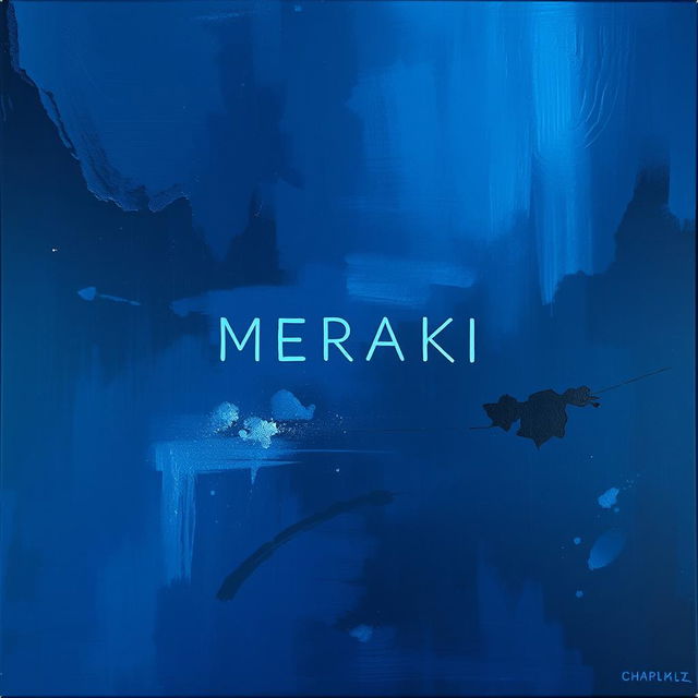 An artistic piece titled 'MERAKI' featuring a striking dark blue theme