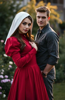 A beautiful young woman wearing a red Handmaid's Tale costume, featuring the iconic white bonnet and long flowing gown, striking a romantic pose
