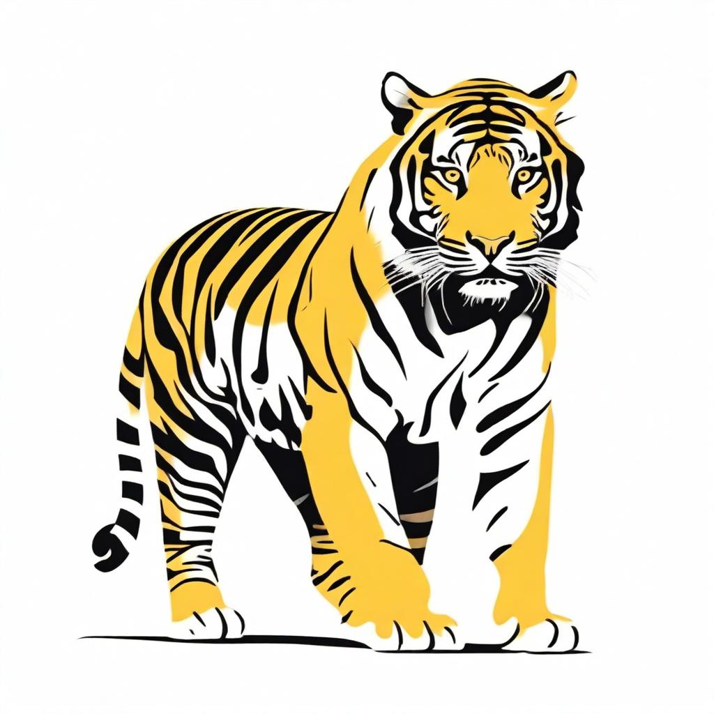 Illustration of a full-body tiger, rendered in shades of yellow, orange, and black, set against a pristine white background.