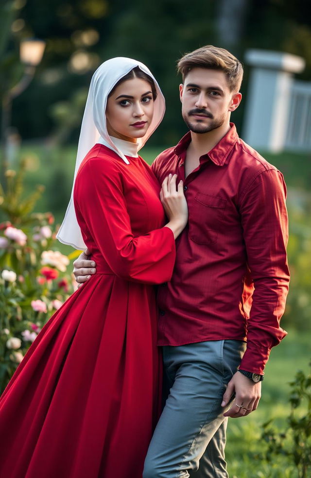 A beautiful young woman wearing a red Handmaid's Tale costume, featuring the iconic white bonnet and long flowing gown, striking a romantic pose