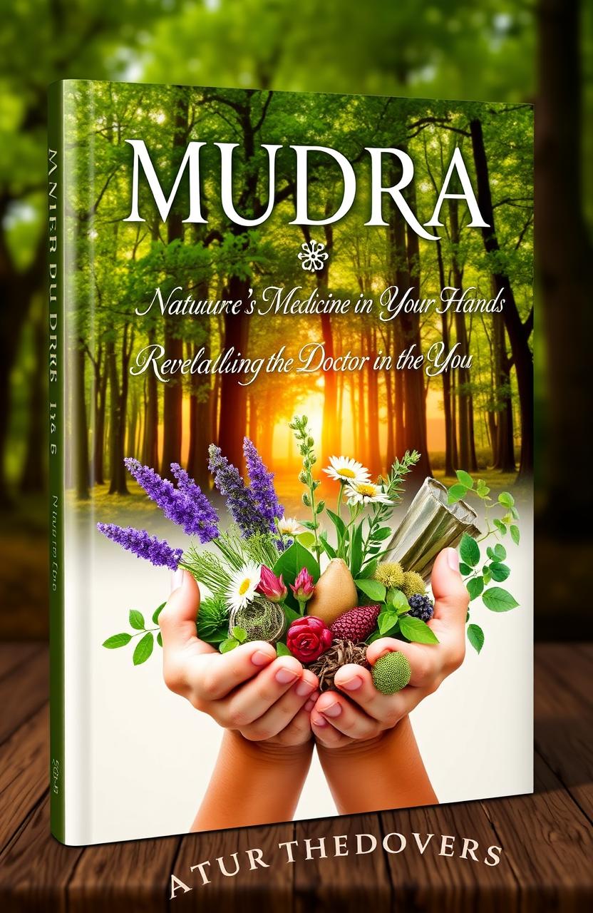 A captivating book cover design for the title 'MUDRA: Nature's Medicine in Your Hands - Revealing the Doctor in You'