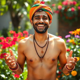 A joyful half-naked Indian man, displaying a broad smile, with bright, expressive eyes