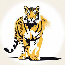 Illustration of a full-body tiger, rendered in shades of yellow, orange, and black, set against a pristine white background.