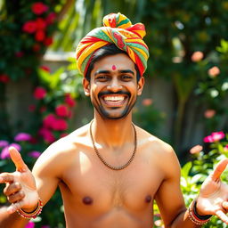 A joyful half-naked Indian man, displaying a broad smile, with bright, expressive eyes